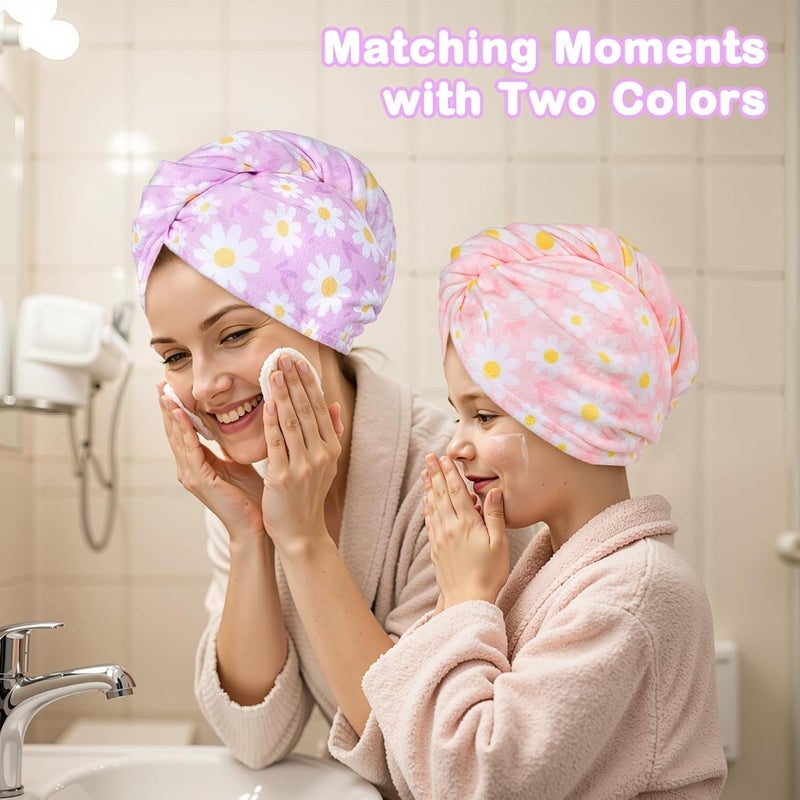 FIOBEE Microfiber Hair Towel Wrap for Kid Rapid Drying Towel Absorbent Hair Turbans for Wet Hair with Button Women Girls Long Curly Hair Pack of 2, Pink/Purple Flowers - Image 2